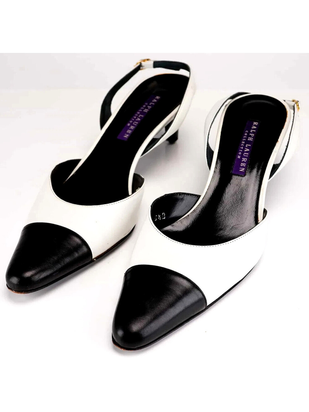 Ralph Lauren Collection Black and White Leather Slingback Heels Size 5.5B